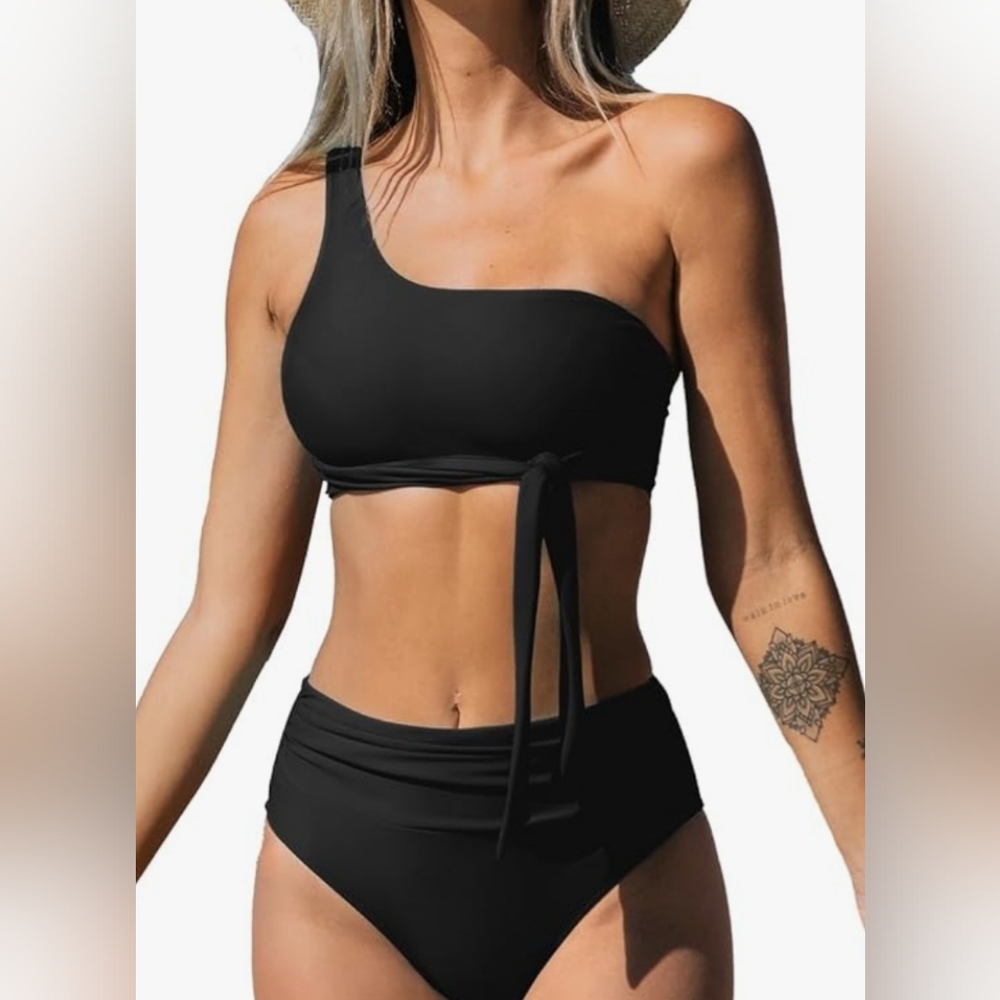 Cupshe High Waisted One-Shoulder Black Bikini Set NWT